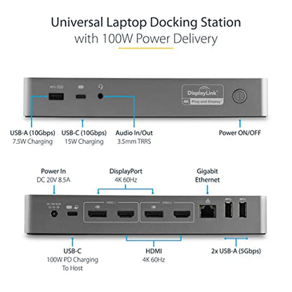 StarTech Hybrid USB-C USB-A Universal Dual 4K HDMI DP Dock for Mac, 100W | DisplayLink, 4-port 5Gbps hub, Gigabit Ethernet, audio, K-slot, for Windows, macOS, Ubuntu and ChromeOS, fast-charge ports