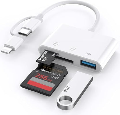 SD Card Reader for iPhone iPad, Built-in Lightning USB-C Dual Port SD Card Adapter with SD MicroSD USB 3 Slots Trail Camera Memory Card Viewer, No App Required, Plug and Play