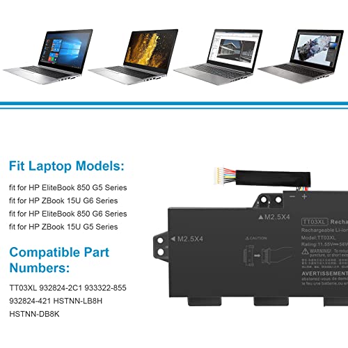 TT03XL 932824-421 933322-855 932824-1C1 932824-2C1 Laptop Battery Replacement for HP EliteBook 755 850 G5, 850 G6, ZBook 15U G5 G6,fits HSN-113C-5 HSN-I13C-5 HSTNN-LB8H HSTNN-DB8K HSTNN-UB7T TT03056XL - size: 10.71*2.87*0.28inch TT03XL