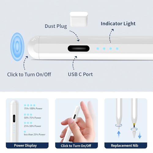 Stylus Pen for iPad,(2018-2026) Fast Charge with Tilt Sensitivity & Palm Rejection Compatible with iPad Pro 11"/12.9", iPad mini 5/6, iPad Air 3/4/5, iPad 6/7/8/9/10 (White) - color: White