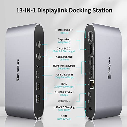 Minisopuru Displaylink Triple Display Docking Station for MacBook M1/M2/M3/M4/Windows,DisplayLink Docking Station with 2 HDMI & 2 DisplayPort,100W Charge, USB-C Data, Ethernet, Audio, 4 USBA Ports