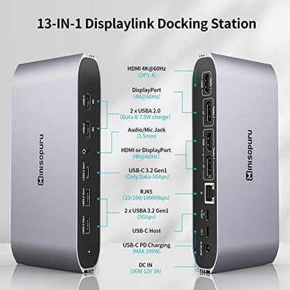 Minisopuru Displaylink Triple Display Docking Station for MacBook M1/M2/M3/M4/Windows,DisplayLink Docking Station with 2 HDMI & 2 DisplayPort,100W Charge, USB-C Data, Ethernet, Audio, 4 USBA Ports