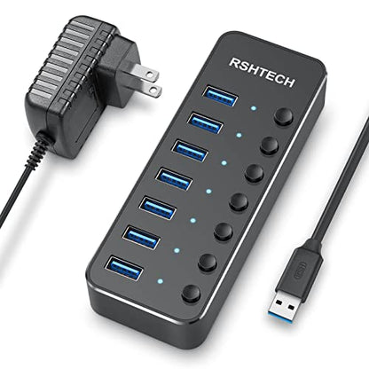 USB 3.0 Hub, RSHTECH 7 Port Powered USB Hub Expander Aluminum USB 3.0 Data Port hub with Universal 5V AC Adapter and Individual On/Off Switches USB Splitter for Laptop and PC(Black) - size: 518-2A