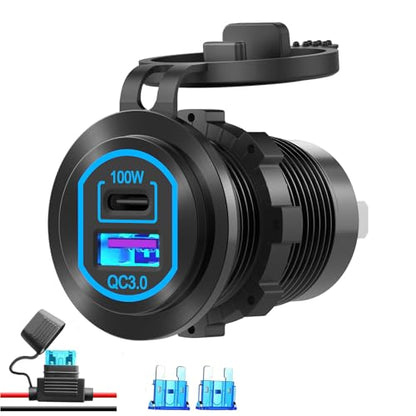12V USB Outlet PD 100W USB C and QC3.0 18W Port Aluminum Car Charger Socket for Laptops Tablets Phones, Cigarette Lighter Replacement Car Accessories DIY for RV Camper Truck Boat Golf