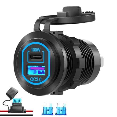 12V USB Outlet PD 100W USB C and QC3.0 18W Port Aluminum Car Charger Socket for Laptops Tablets Phones, Cigarette Lighter Replacement Car Accessories DIY for RV Camper Truck Boat Golf