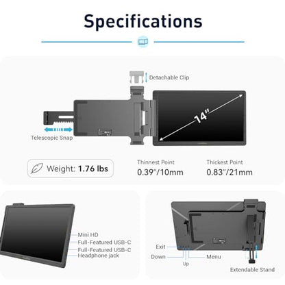 ELECROW Portable Monitor, 14 Inch FHD 1920 x 1080 External Monitor CrowView Laptop Screen Extender Compatible with Multiple Systems and Laptops 13''-16.5''