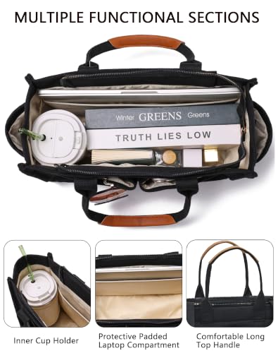 Canvas Tote Bag for Women,Women's Bags Crossbody Bags Work Laptop Tote Bag Large Handbags Purse for Travel Nurse Teacher - color: New Upgrade Black With Compartments and Inner Cup Holders