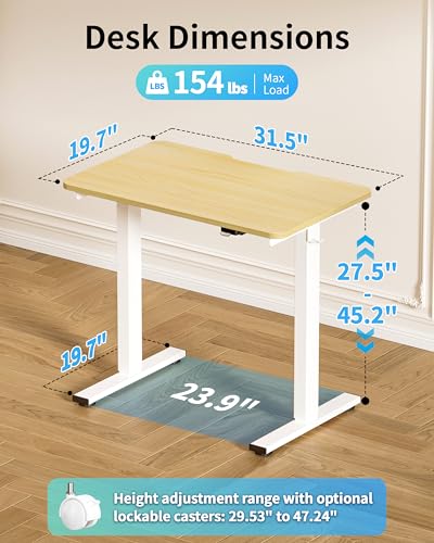 Okin Electric Standing Desk 31.5x19.7 Inches Small Computer Desk-Whole Piece Stand up Desk with Wheels Gaming Rolling Home Office Desks, Oak - color: Oak+casters, size: 31.5 Inch