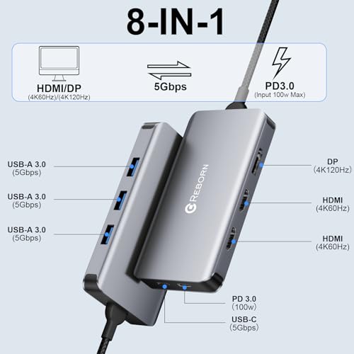 Reborn USB-C Docking Station Dual Monitor Adapter, Laptop Docking Station 3 Monitors Triple Display USBC Hub Dongle to 4K60Hz HDMI+DP,3 USB3.0,100W PD,USB C Data,8-in-1 Dock for Dell,HP,Lenovo,Surface - size: 11.8inch
