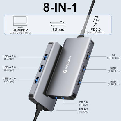 Reborn USB-C Docking Station Dual Monitor Adapter, Laptop Docking Station 3 Monitors Triple Display USBC Hub Dongle to 4K60Hz HDMI+DP,3 USB3.0,100W PD,USB C Data,8-in-1 Dock for Dell,HP,Lenovo,Surface - size: 11.8inch