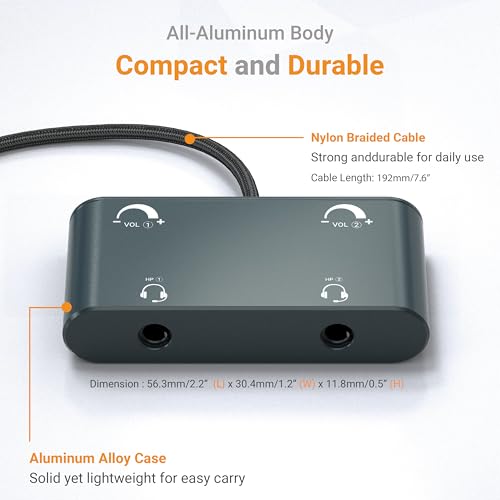 3.5mm Dual Headset Adapter with Volume Control, 1/8" to 2 TRRS Microphone Connector, Double Headphones Audio Splitter for 2 People Meeting, Recording, Online Training, Music Sharing