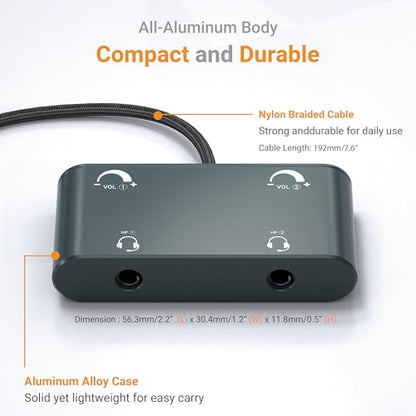 3.5mm Dual Headset Adapter with Volume Control, 1/8" to 2 TRRS Microphone Connector, Double Headphones Audio Splitter for 2 People Meeting, Recording, Online Training, Music Sharing