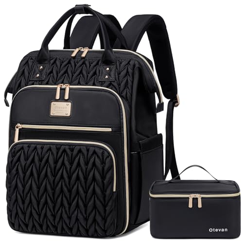 Otevan Lunch Backpack for Women,Work Backpack for Women, 15.6 inch Laptop Backpack with Lunch Bag,Teacher Nurse Insulated Lunchbox Backpack for Women, Black Upgrade, 24009 - color: Black Upgrade