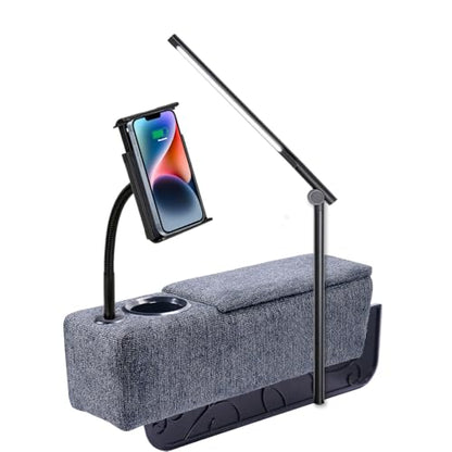 Multifunctional Sofa Armrest, Couch Armrest with Wireless Charge Stand, Removable Couch Caddy with Storage,Including LED Reading Light - color: Navy, size: Fabric-1 CUP