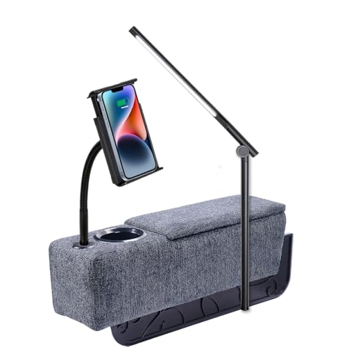 Multifunctional Sofa Armrest, Couch Armrest with Wireless Charge Stand, Removable Couch Caddy with Storage,Including LED Reading Light - color: Navy, size: Fabric-1 CUP