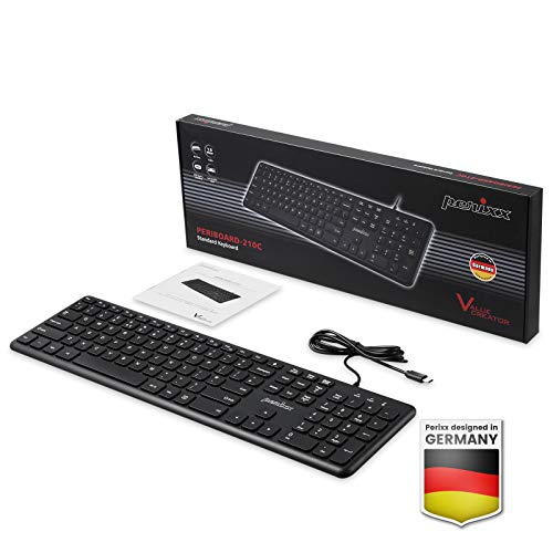 Perixx PERIBOARD-210C Wired Full-Size USB C Keyboard with Quiet Scissor Keys - Compatible with Windows, macOS, and Android Tablet and Laptops - Black - US English - style: Classic