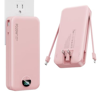 Nusyddy Portable Charger 20000mAh Fast Charging w/Built-in Wall Plug Pink | PD20W Fast Charging, High Capacity, LED Display, Charge 5 Devices at once, TSA Approved, Compatible with iPhone/Samsung - color: Magenta
