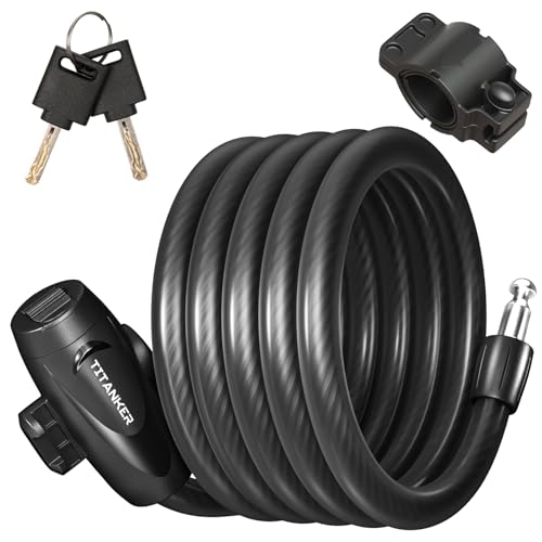 Titanker Bike Lock, 1/2 Inch Thick Bike Lock Cable Coiled Secure Bicycle Lock with Keys Scooter Lock Bike Locks Heavy Duty Anti Theft Bike Cable Lock with Mounting Bracket (4Feet, 6 Feet) - style: Matte Black-6Feet