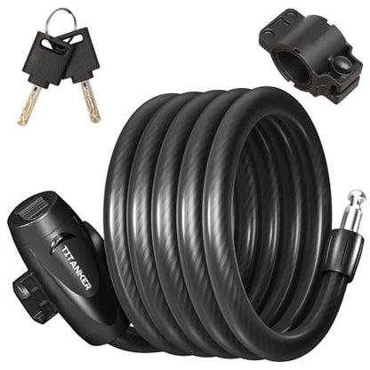 Titanker Bike Lock, 1/2 Inch Thick Bike Lock Cable Coiled Secure Bicycle Lock with Keys Scooter Lock Bike Locks Heavy Duty Anti Theft Bike Cable Lock with Mounting Bracket (4Feet, 6 Feet) - style: Matte Black-6Feet