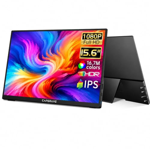 CAPERAVE Portable Monitor 15.6'', 1080P FHD Ultra Slim Travel Monitor with Built-in Kickstand & Speaker & Protective Sleeve, USB C HDMI, Perfect for Laptop Mac Tablet Phone Xbox Switch PS5