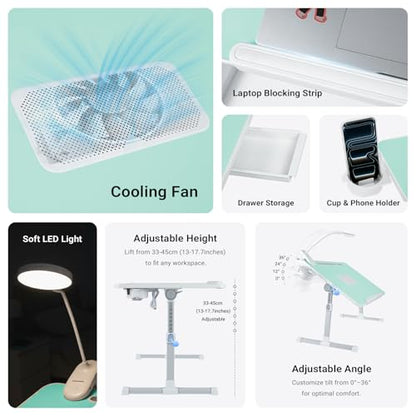 iXTRA Adjustable Laptop Lap Desk with Cooling Fan USB Light for Adults - color: Green,70x45cm