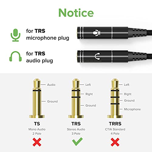 ChargeWorx 3.5mm Headphone and Mic Splitter Adapter, Gaming Headset Y Splitter Cable with Gold Plated Connectors, Audio and Microphone Jack Converter for PC, Laptop, Console and Smartphone