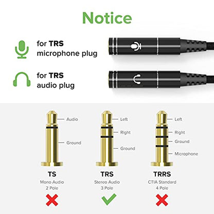ChargeWorx 3.5mm Headphone and Mic Splitter Adapter, Gaming Headset Y Splitter Cable with Gold Plated Connectors, Audio and Microphone Jack Converter for PC, Laptop, Console and Smartphone