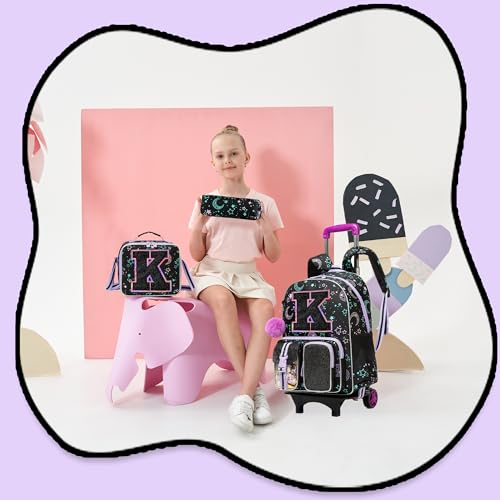 HTgroce Cute Rolling Backpack with Wheel,School Backpack for Kids Girl Roller Schoolbag Wheeled Backpacks Set Carry-on Luggage,Black K - color: Black, style: K