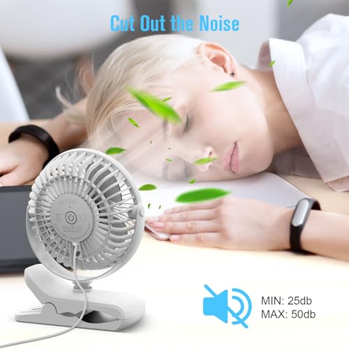 HONYIN 720° Rotation Small Desk, Hang & Clip on Fan by USB Plug In | Sturdy Clamp, 3 Speeds, Quiet Little Personal Cooling Fan for Bedroom Office Desktop Treadmill - color: White