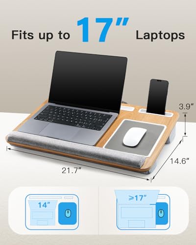 HUANUO Lap Desk - Fits up to 17 inches Laptop Desk, Built in Mouse Pad & Wrist Pad for Notebook, Laptop, Tablet, Lap Stand with Tablet, Pen & Phone Holder, Wood Grain - color: Light Brown Woodgrain