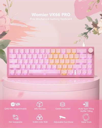 Womier 60% Keyboard QMK/VIA, Pink Gaming Mechanical Keyboard Creamy | Hot Swappable Gasket Mount RGB Wired Jade Keyboard, Jelly Keycaps POM Linear Switch for Windows/MAC(VK66 PRO Jelly) - color: V-Pink
