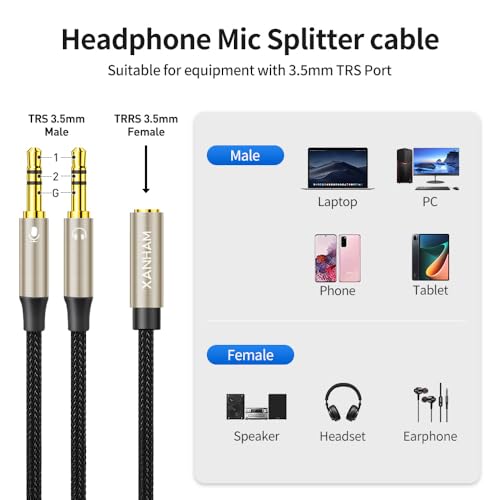 3.5mm Headphone Splitter for Computer Y Shape 1/8 Inch Aux 2 TRS Male to 1 TRRS Female Mic and Audio 4 Pole Headset Stereo Earphone Adapter Cable Cord Compatible with PC, Laptop, Gaming, etc