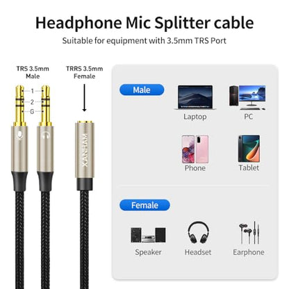 3.5mm Headphone Splitter for Computer Y Shape 1/8 Inch Aux 2 TRS Male to 1 TRRS Female Mic and Audio 4 Pole Headset Stereo Earphone Adapter Cable Cord Compatible with PC, Laptop, Gaming, etc