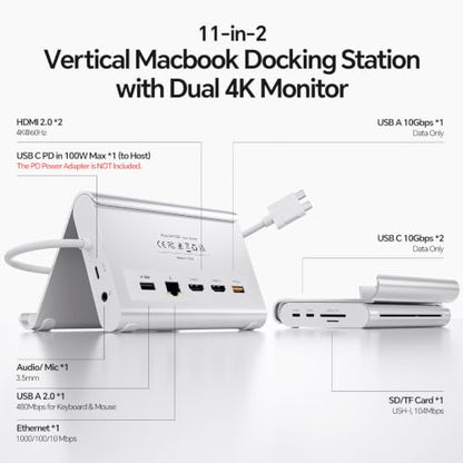 USB C Docking Station Dual Monitor for MacBook Pro/Air, 11-in-1 MacBook Docking Station with Stand, 2X 4K@60Hz HDMI, 100W PD, Ethernet, SD/TF, 10Gbps USB A/C for M5/M4/M3 Pro/Max - Silver - color: Silver