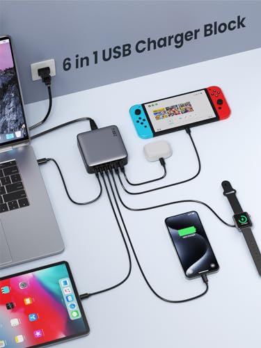 USB C Charger Block 200W[2026 Upgraded] GaN III 6 Port Fast Charging Station Hub,PD 65W USB C Laptop Charger Compatible with MacBook Pro/Air,iPad,iPhone 16/15,Galaxy S23/S24 Steam Deck Dell XPS etc - color: Black, size: 200W