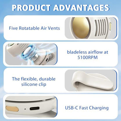 Portable Fan,2-in-1 Waist Clip On Bladeless, Ultra-Quiet Mini Personal Neck Fan 3 Speeds with 360°Adjustable Clip USB Rechargeable for Hiking,Office & Outdoor - color: White