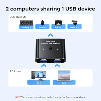 USB 3.0 Switch 2 in 1 Out / 1 in 2 Out Bi-Directional,USB Switcher 2 Computers Share Printer Keyboard Mouse Scanner,Printer Splitter for 2 Computers with 2 USB3.0 Cables (USB3.0)
