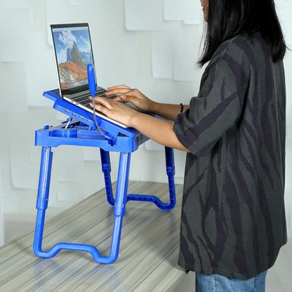 Foldable Laptop Desk, Adjustable Portable Laptop Stand for Bed Couch, Small Bed Table for Laptops and Writing, Bed Tray Table with Cup Holder, Cooling Fan, LED Light (Blue) - color: Blue