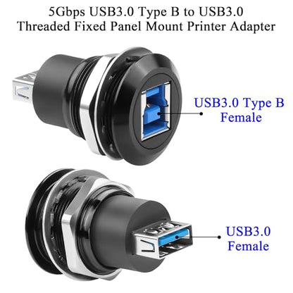 QIANRENON 5Gbps USB3.0 B to A Threaded Fixed Printer Adapter USB3.0 Type B Female to USB Female Embedded Panel Mount Data Connector SuperSpeed USB B to A, for External Hard Drive, Scanner