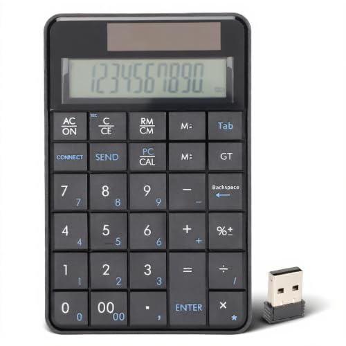 Portable 2.4GHz Calculator Number Pad with Receiver, 29 Keys 2 in 1 USB Keyboard Calculator, Mini Solar Power Smart Keypad and Office Calculators with Display
