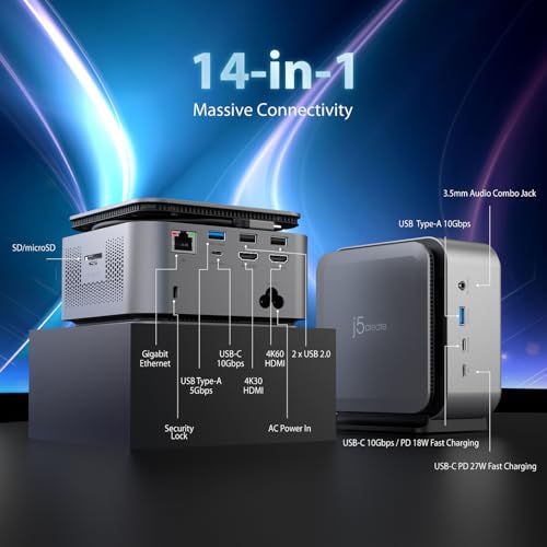 j5create Dual 4K Display Powerbase Docking Station with 145W Charging Power | 10Gbps Data Transfer, Card Slots, Ethernet, and Audio Port for Windows Laptop and MacBook (JCDP4140)