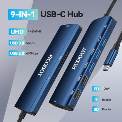 USB C Hub, 9-in-1 Multi-Port USB Adapter, 4K@60Hz HDMI, 100W Max PD, 3 USB3.0(5Gbps) + 2 USB2.0 Data Ports, SD/TF Card Reader for MacBook, iPad Pro, Dell, HP, Lenovo, Windows Laptop, Blue - color: Blue