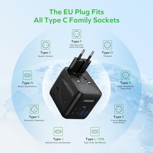 MOMAX Universal Travel Adapter 7-in-1, All-in-one European Travel Plug Adapter with 3 USB-C PD & 2 USB-A QC & 2AC, International Power Adapter Outlet for Travel UK/EU/AUS/JP, Travel Essentials(Black) - color: Black, size: 35W