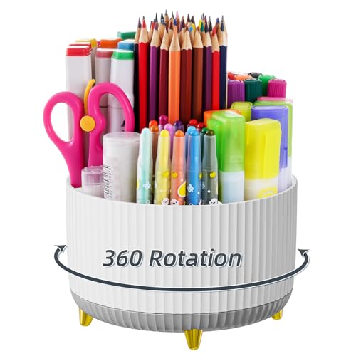 Marbrasse Desk Organizer, 360-Degree Rotating Pen Holder, Desk Organizers and Accessories with 5 Compartments Pencil Holder, Art Supply Storage Box Caddy for Office, Home (White+Grey) - color: White+Grey