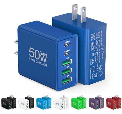 USB C Wall Charger, 50W USB C Charger Block 2-Pack 5-Port PD Fast Charging Blocks,Multiport 2USB C+3USB A Plug,Type C Power Adapter Brick Cube for iPhone 17/16/15/14/13,Samsung,for Switch（Dark Blue） - color: Dark Blue