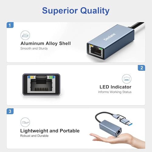 USB 3.0 to Ethernet Adapter, Ethernet to USB C Adapter 2 Connector 1000Mbps | Denlane RJ45 Gigabit Network Adapter LAN Converter for iPhone 15 16 17/USB-C iPad, MacBook/Pro/Air, Laptop, Windows 11/10/8/7
