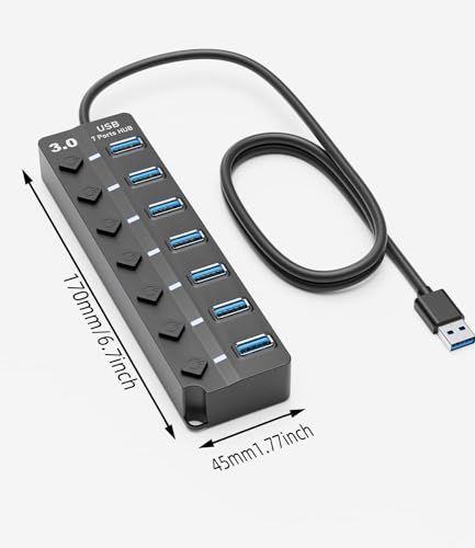 Eanetf 7-Port USB 3.0 Hub On/Off Switches 5Gbps for Laptop | 7-port USB 3.0 hub, Individual on/off switches with LEDs, 5Gbps high-speed data, 4ft cable, For laptop/PC/MacBook/PS5/HDD,