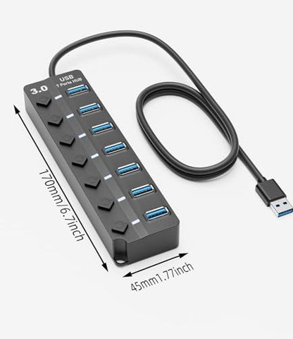 Eanetf 7-Port USB 3.0 Hub On/Off Switches 5Gbps for Laptop | 7-port USB 3.0 hub, Individual on/off switches with LEDs, 5Gbps high-speed data, 4ft cable, For laptop/PC/MacBook/PS5/HDD,