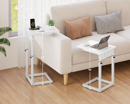 Vagusicc C Shaped End Table with Charging Station, C Table End Table Adjustable Height Sofa Table, Side Table for Couch, Couch Table that Slide Under, TV Tray Arm Table for Living Room,Bedroom, White - color: White, style: Charging Station