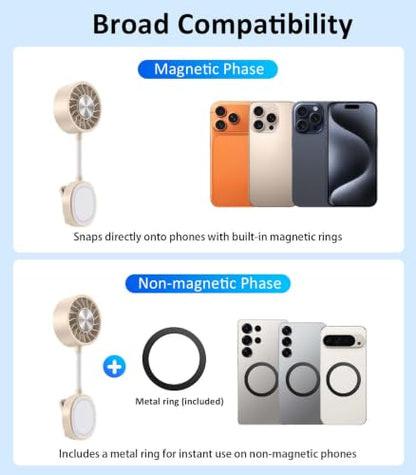 Magnetic Phone Fan with Ice Cooling, 3-in-1 Clip on Fan | Phone Stand, Rechargeable Mini Handheld Fan, 360° Flexible Gooseneck Portable Fan for Cruise Travel Desk Gym Makeup（Beige） - color: Beige